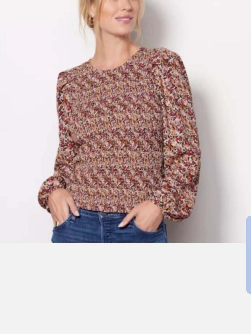 Evereve Smocked Floral Long-Sleeve Women's Top - Brown Multi. Small